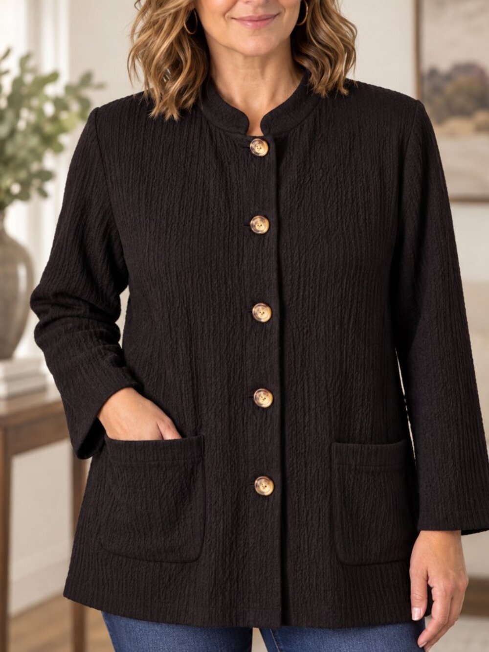Orvis Women’s L Black Textured Mandarin Collar Tunic Jacket Button Front Pockets